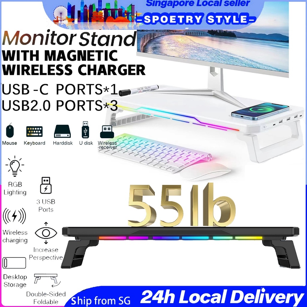 【SG】RGB Monitor Stand Monitor Riser with USB Hub 3*USB 2.0+1*Type C ...