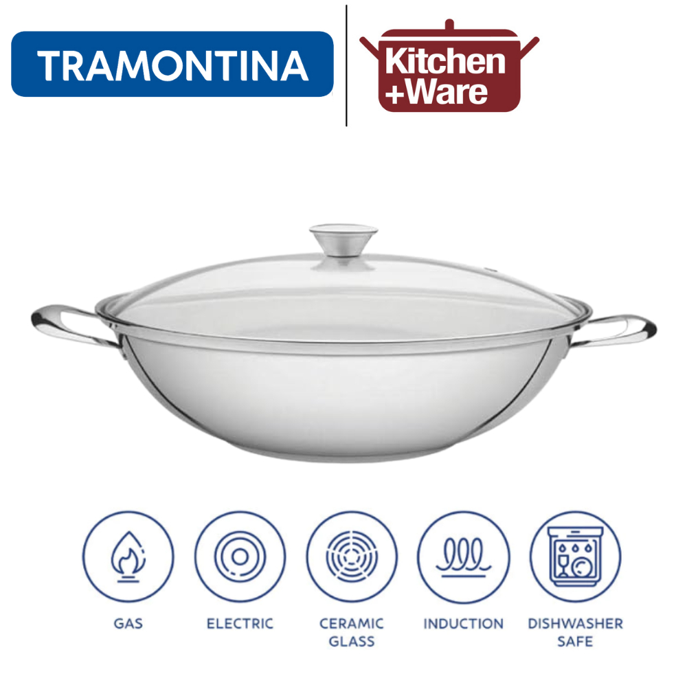 Tramontina Ventura 34cm Stainless Steel Wok with Tempered Glass Lid ...