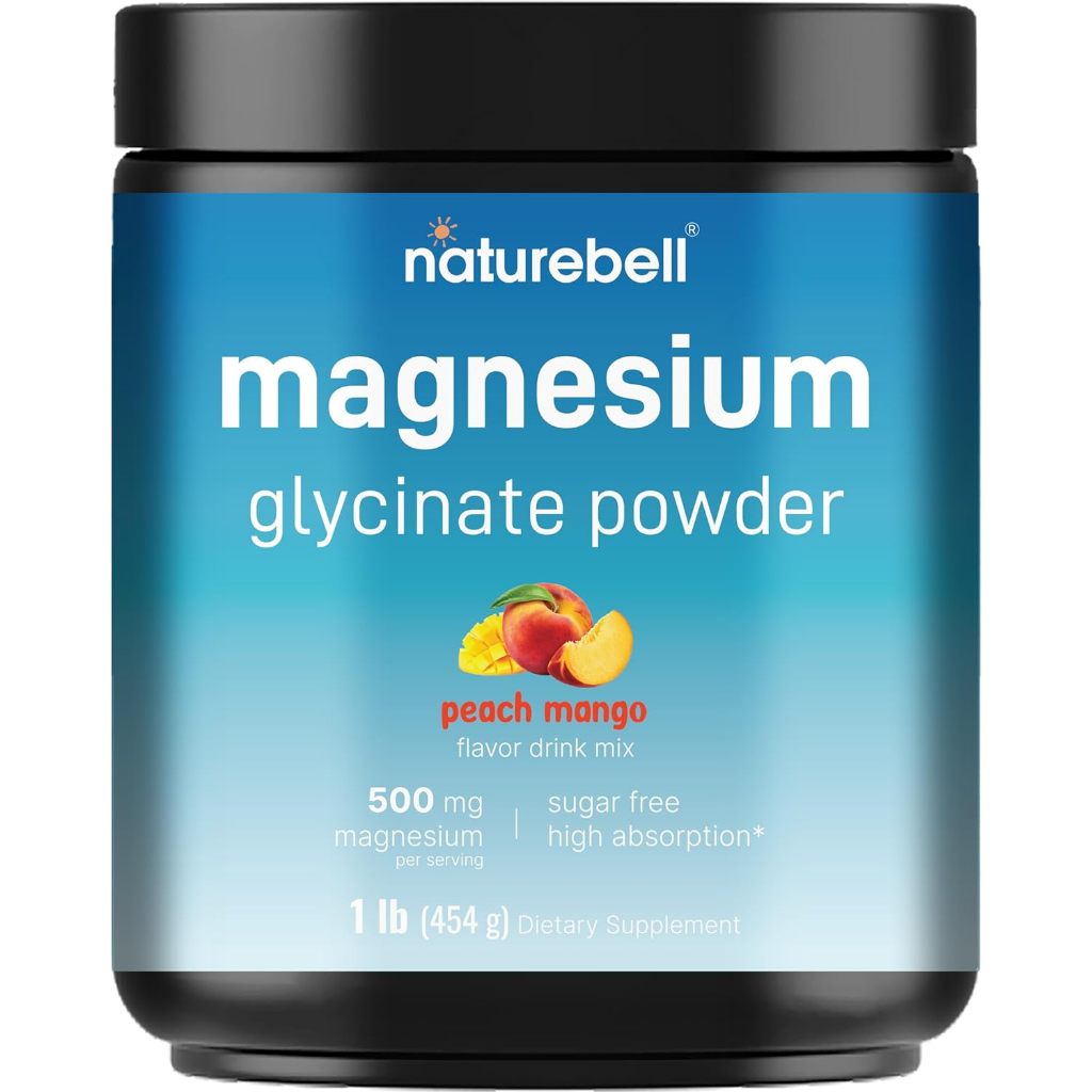 NatureBell Magnesium Glycinate Powder 500mg, 16oz Peach Mango Flavored Chelated High Absorption