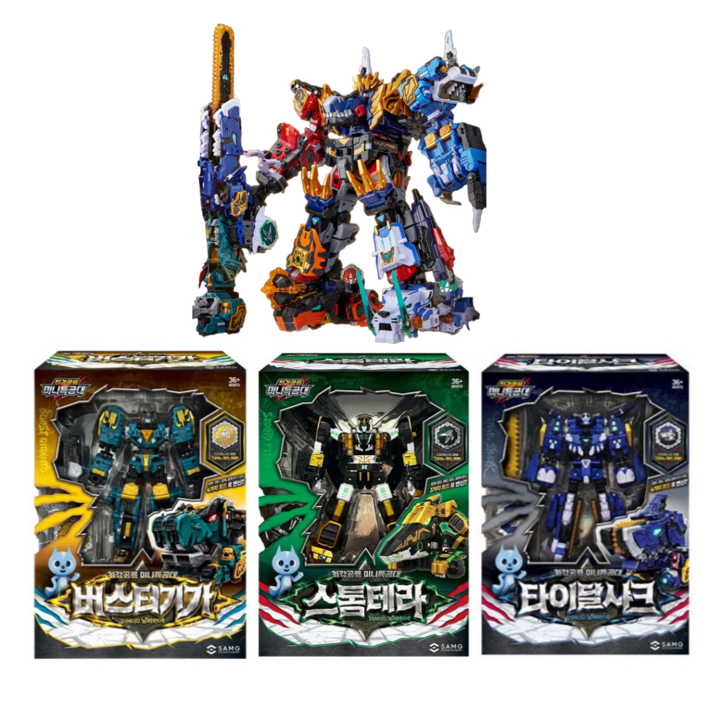 Set Miniforce Dinoid Warrior 2025 - Robots Transformables Buster Giga + Requin Tidal + Storm Tera