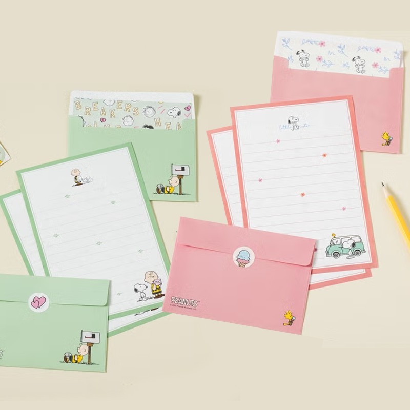 DAISO KOREA x Peanuts Snoopy Small Letter Paper Envelope Sticker Set ...