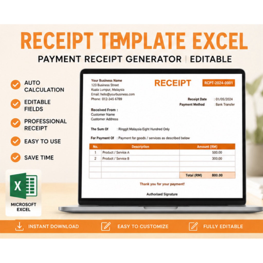 Malaysia Receipt Excel Template | Auto Calculation Payment Receipt ...