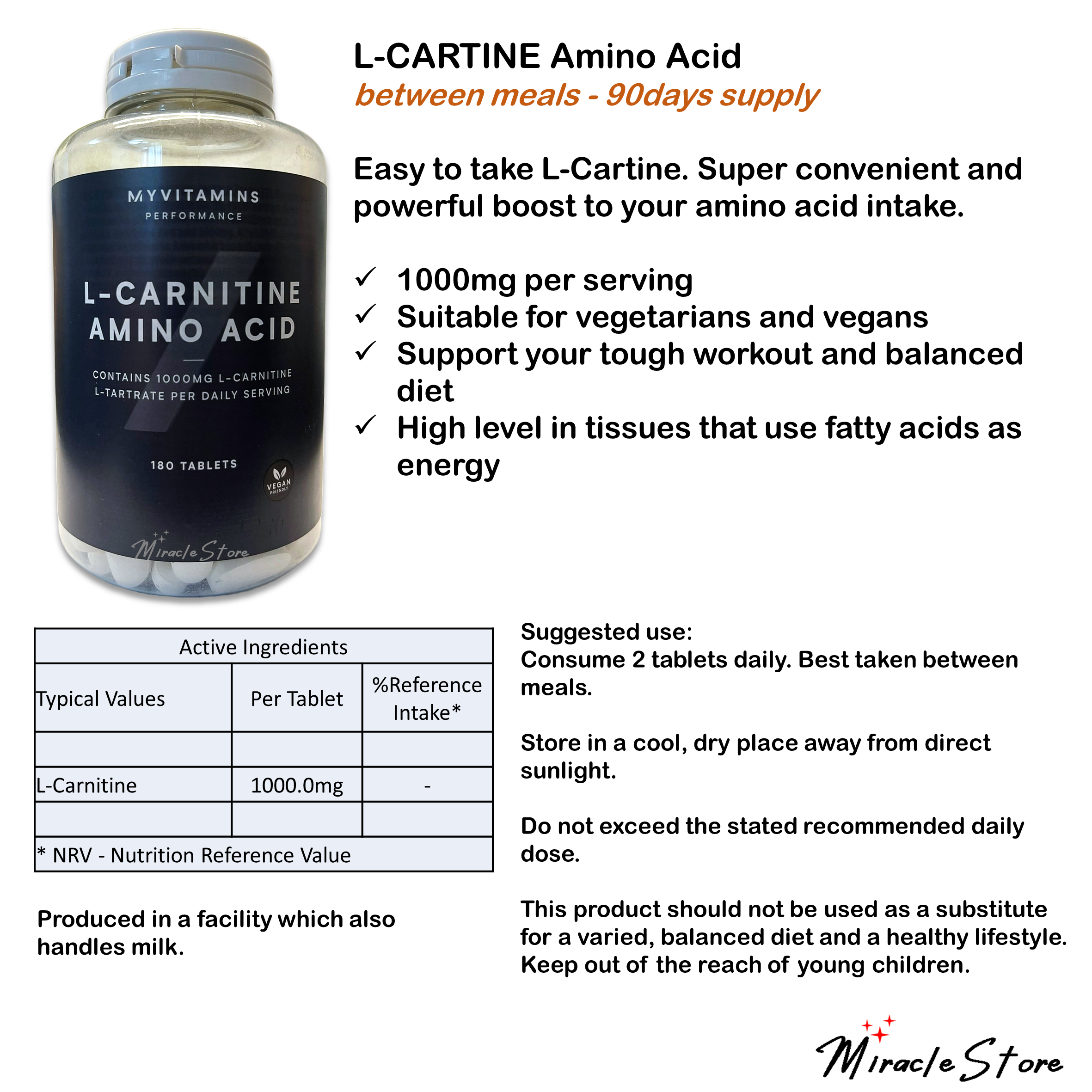 Myprotein L Carnitine Amino Acid 180 tablets Myvitamins 1000mg vegan ...