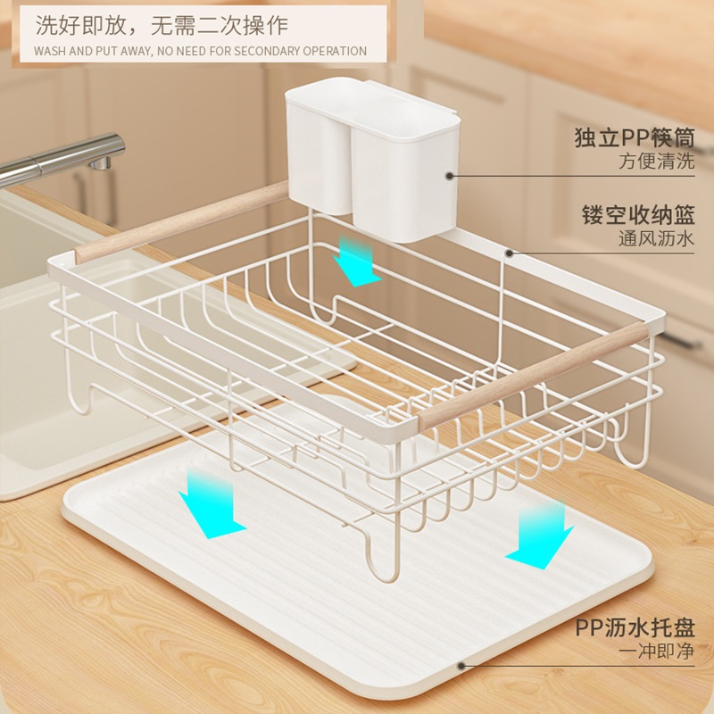 Japanese Style Dish Rack Drain Rack with Wood Handle Tray Drainer and ...