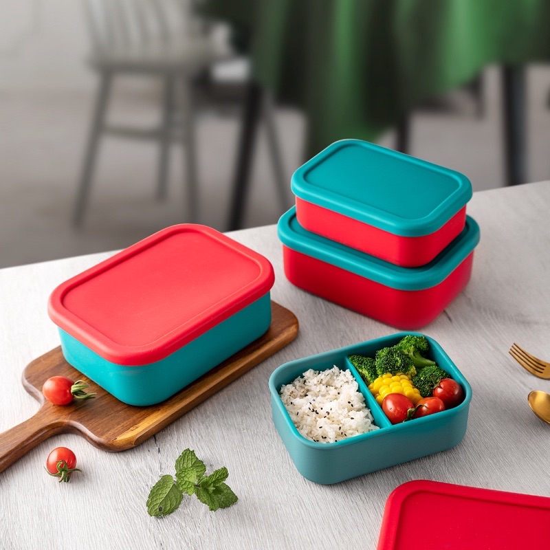 Dual Compartment Silicone Lunch Box bento lunchbox office Student