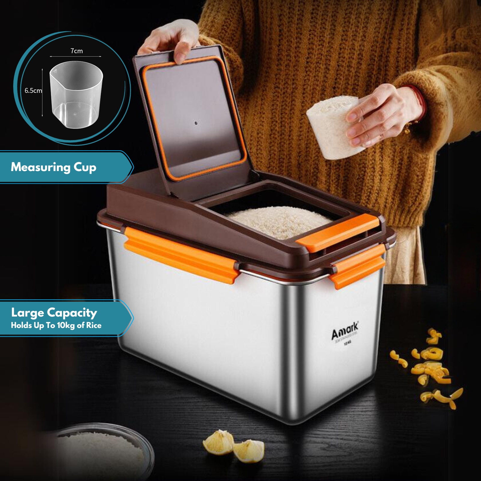 Amark Kitchen Collection Stainless Steel Rice Stocker Box 10kg - Push ...