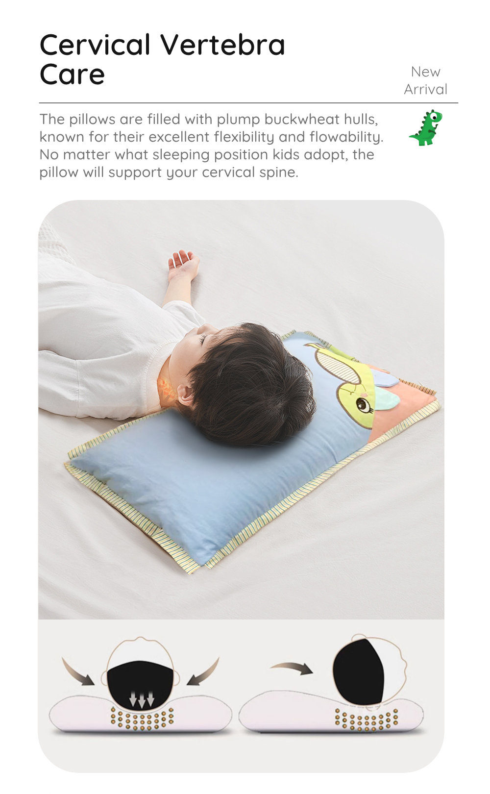 100 Cotton 3D Dinosaur Buckwheat Pillow Height Adjustable Kids