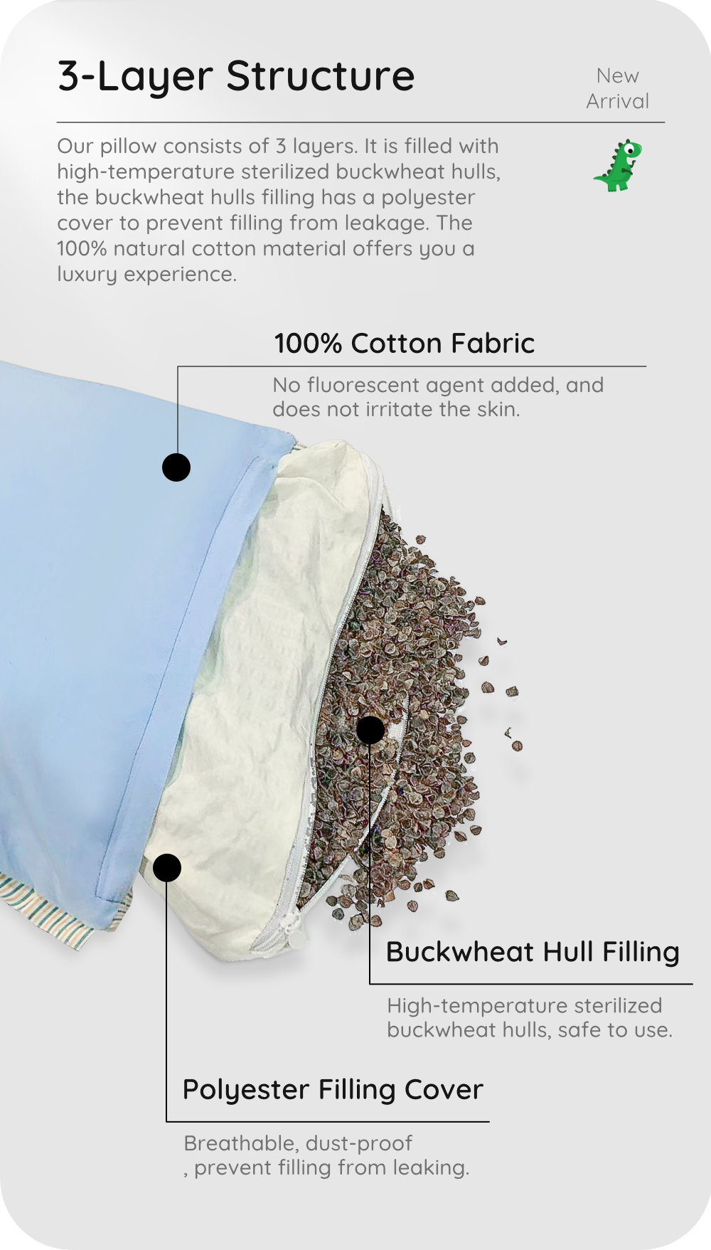 100 Cotton 3D Dinosaur Buckwheat Pillow Height Adjustable Kids