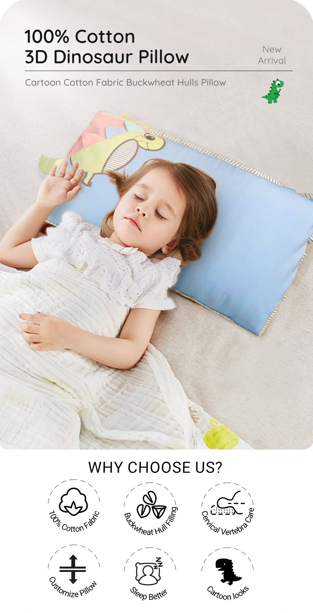 100 Cotton 3D Dinosaur Buckwheat Pillow Height Adjustable Kids