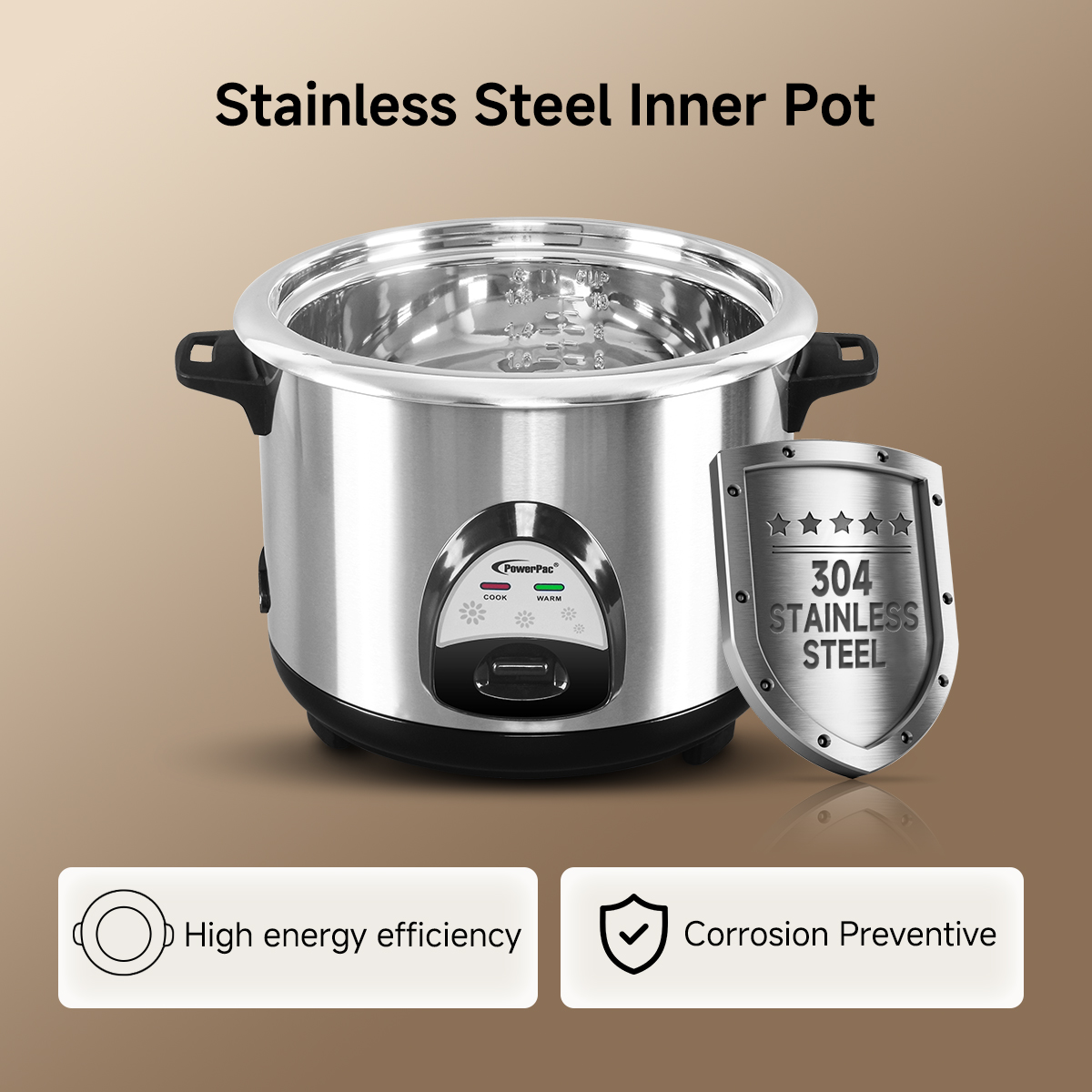 PowerPac Rice Cooker 1.0L/1.8L, Rice Cooker with Stainless Steel Pot ...