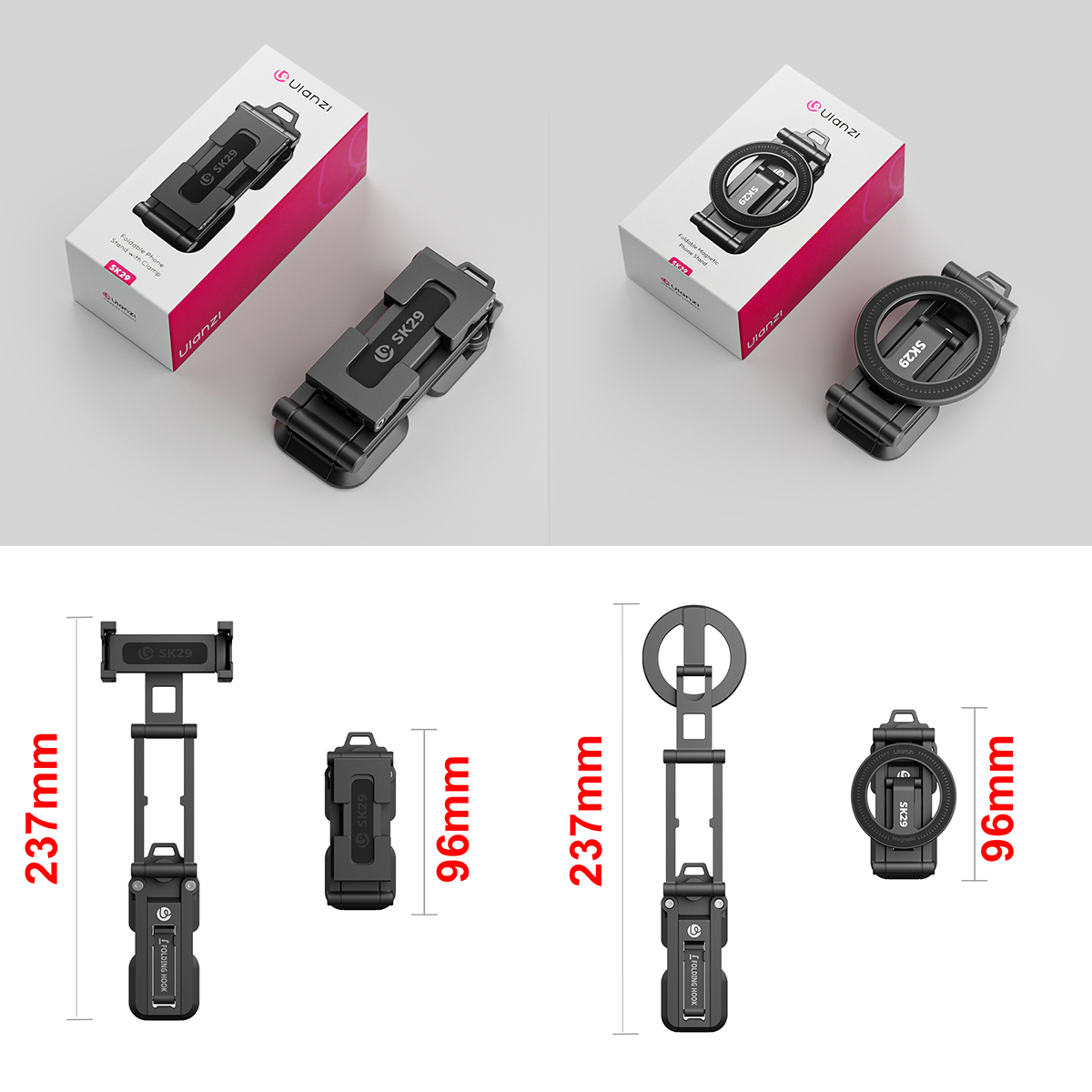 ULANZI SK29 Mobiel Telefoonstatief voor Smartphone, 6-in-1 Omkeerbare Mobiele Telefoonstatiefhouder compatibel Uka&Arca, Mini Opvouwbaar Statief met 2 Cold Shoe, Selfiestickstatief voor iPhone/Android