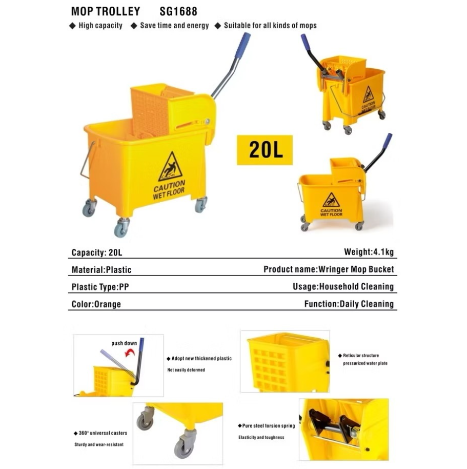 Yellow Mopping Pail With Wringer Trolley 20L / Mop Cart / Industrial ...