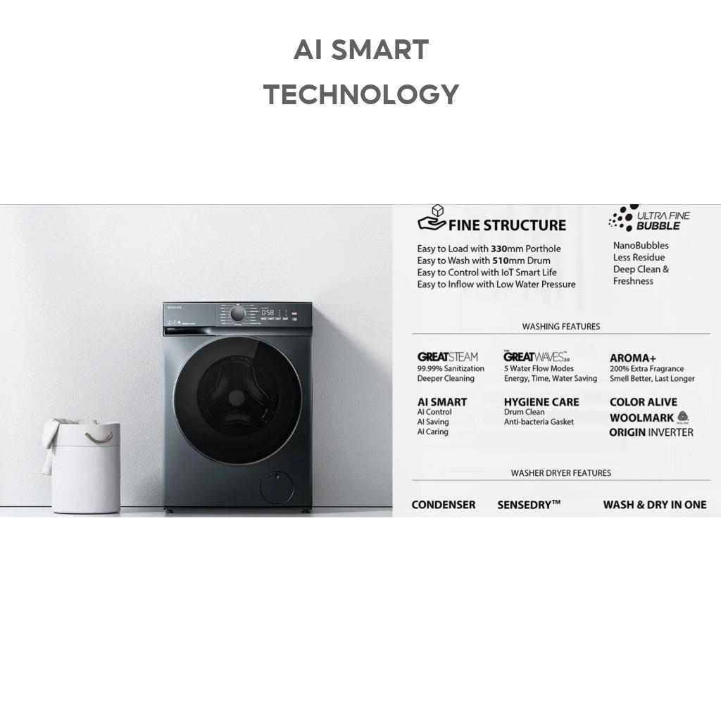 【FREE SHIPPING】Toshiba 2-IN-1 Washer Dryer ( 8.5/6KG ) | Origin Inverter | Steam Wash | AI Smart | TSmartLife App