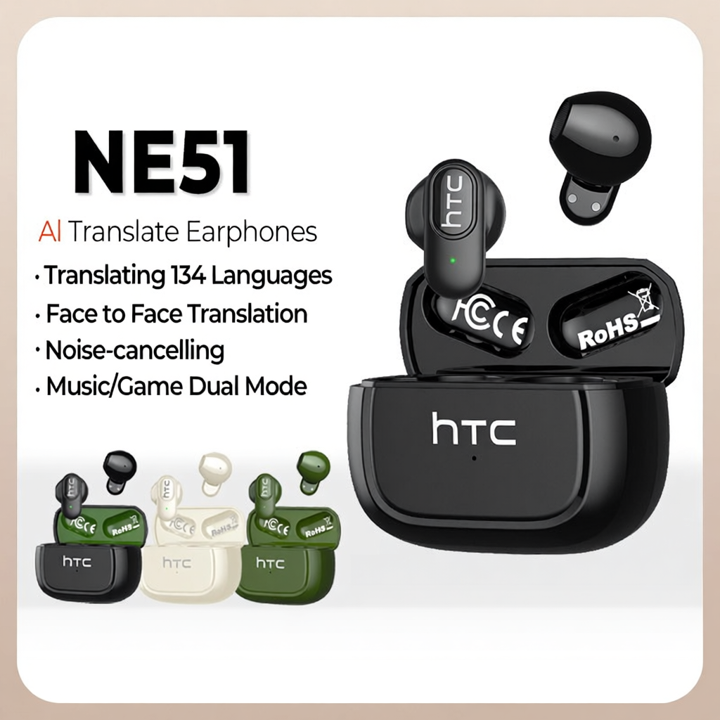 HTC NE51 AI Translator Earbud TWS Wireless Bluetooth Earphone Noise Reduction HiFi Music HD Call Bluetooth 6.0 Headset With Microphone