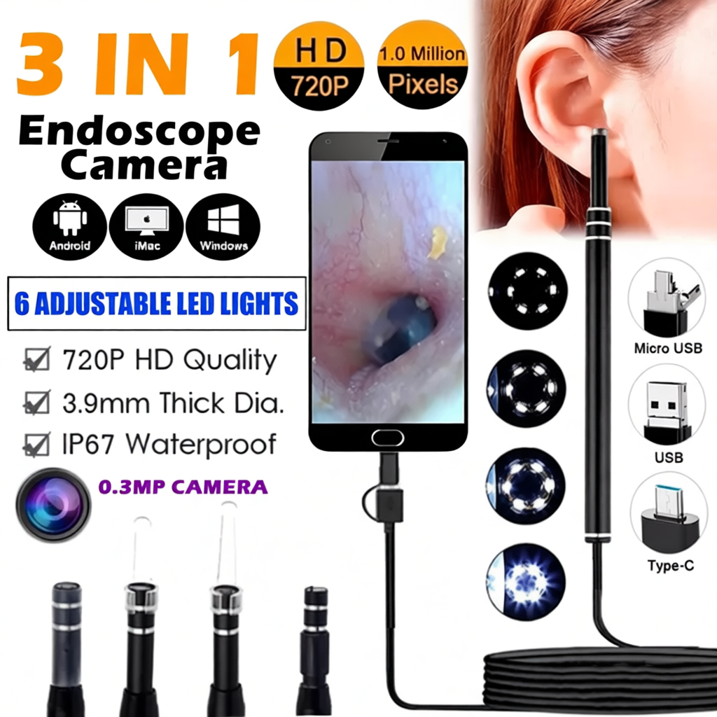 3-in-1 USB Ent Otoscope 6 LED Ear Cleaning Endoscope 5.5mm Ear Pick ...
