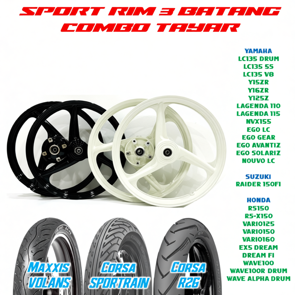 SPORT RIM 3 BATANG Y15 Y16 LC135 125Z LAGENDA EGO NOUVO RS150 RSX VARIO ...