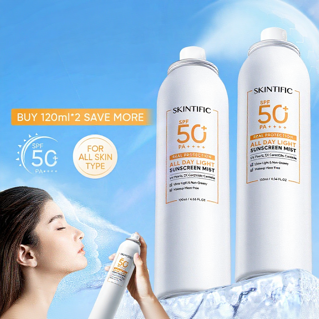 SKINTIFIC All Day Light Sunscreen Mist SPF50+ PA++++ Double Antioxidant ...