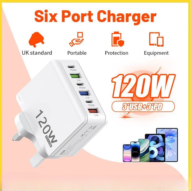 120W Fast Charger 6 Ports 3 USB+3 Type C Fast Charge Phone Power Adapter Fast Charge 3.0 Wall Charger For Micro/Type-C