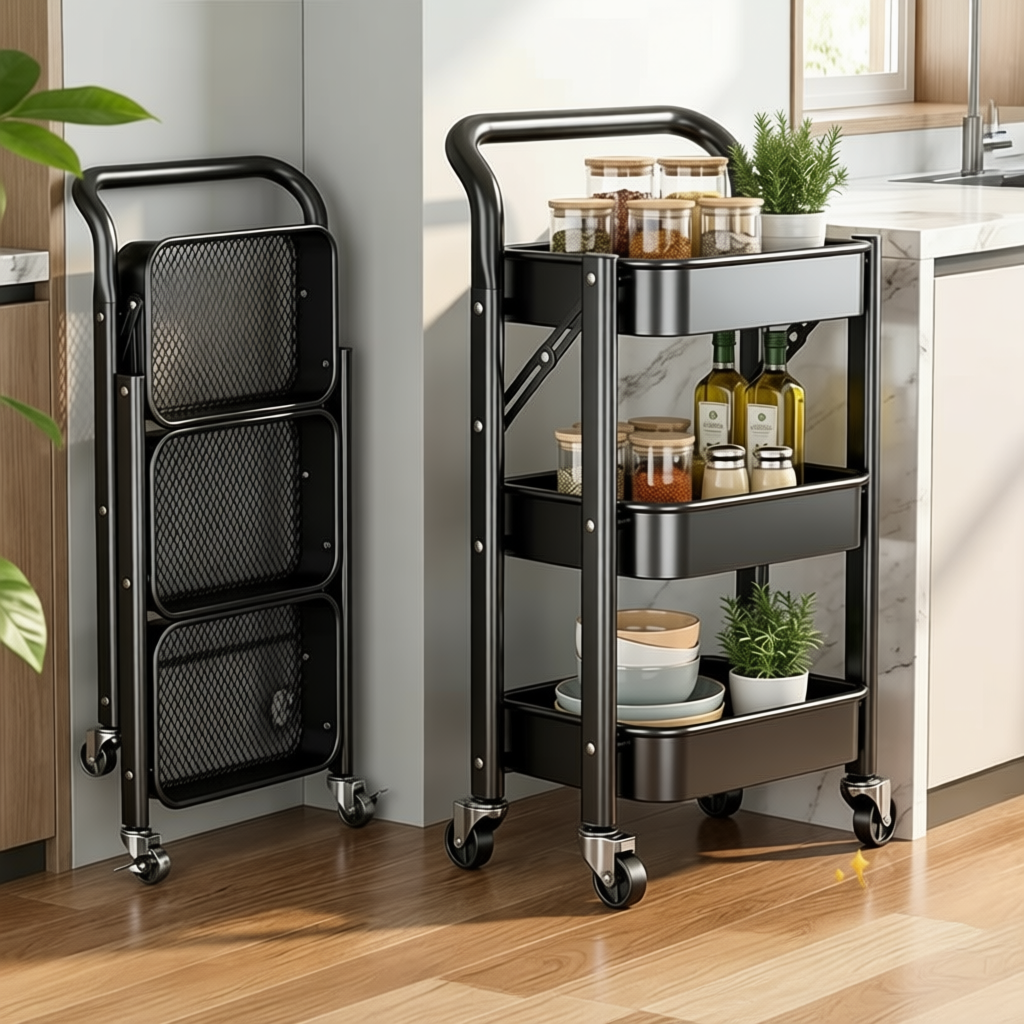 Foldable Trolley Rack Bathroom Organizer Cart With Wheels, Storage Rack ...