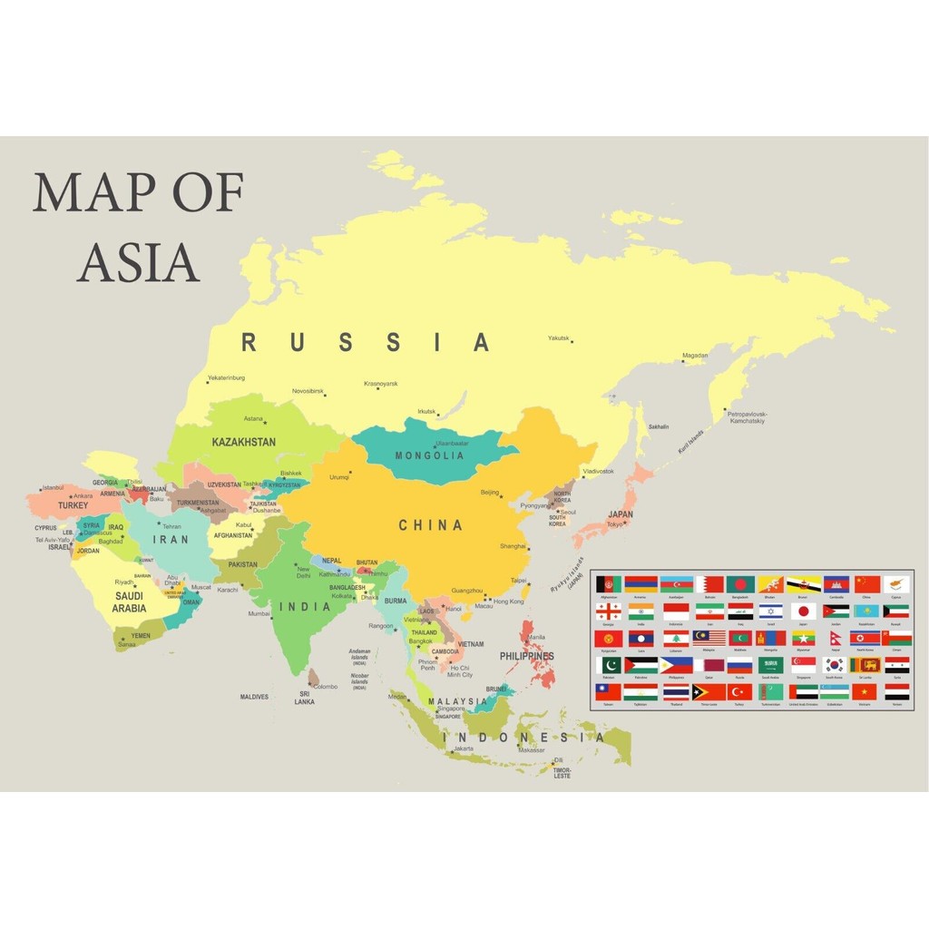 HOTT Canvas Map of Asia with Flags Education Art Picture Print Silk ...
