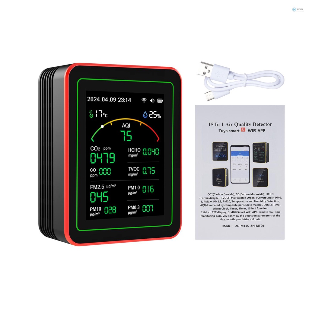 15-in-1 Air Quality Monitor Smart Air Quality Tester with CO/CO2/HCHO ...