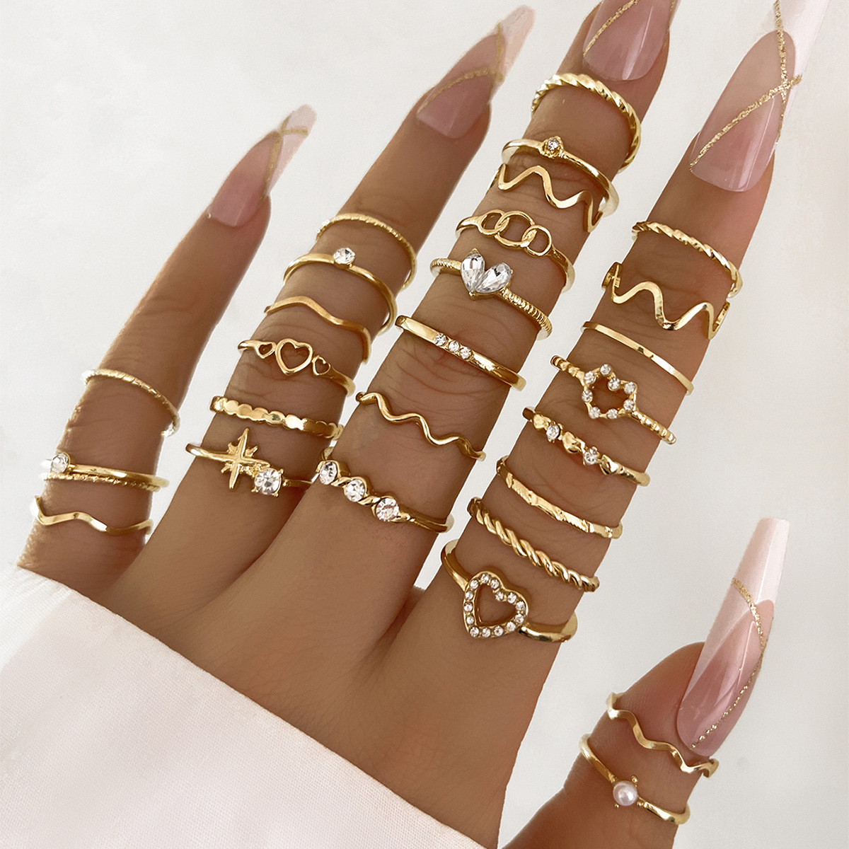 28-piece Set Fashionable Rhinestone Heart Geometric Design Wave Ring ...