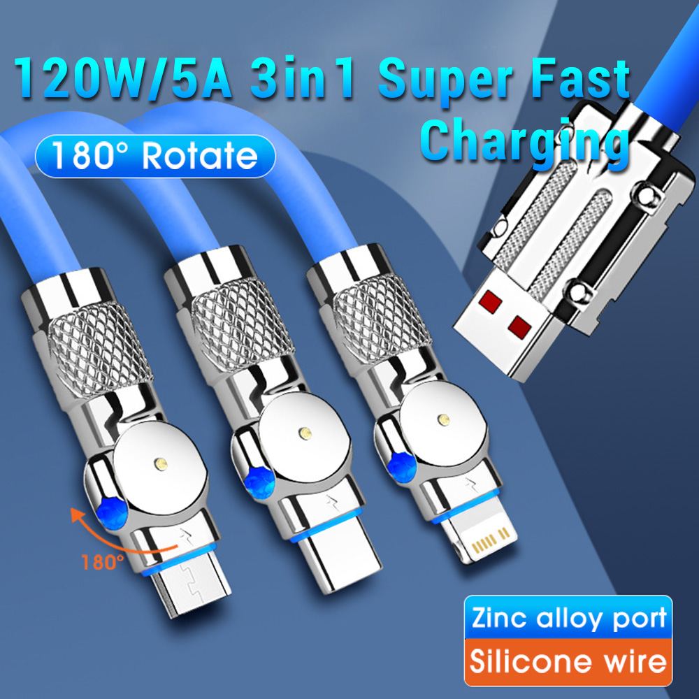 120W Fast Charging 180 Degree Rotation Cable, 3 in 1 Universal Multiple ...
