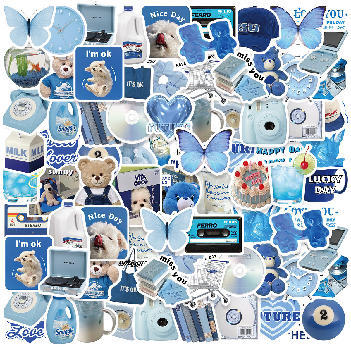 50 PCS Cartoon Cute Blue Element Object Exquisite Patterns PVC Boxed ...