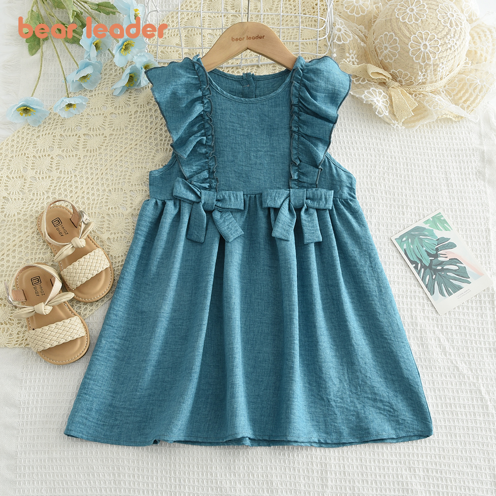 Bear Leader Summer Girl Bow Solid Color Ruffle Edge Sleeveless Dress 3 ...