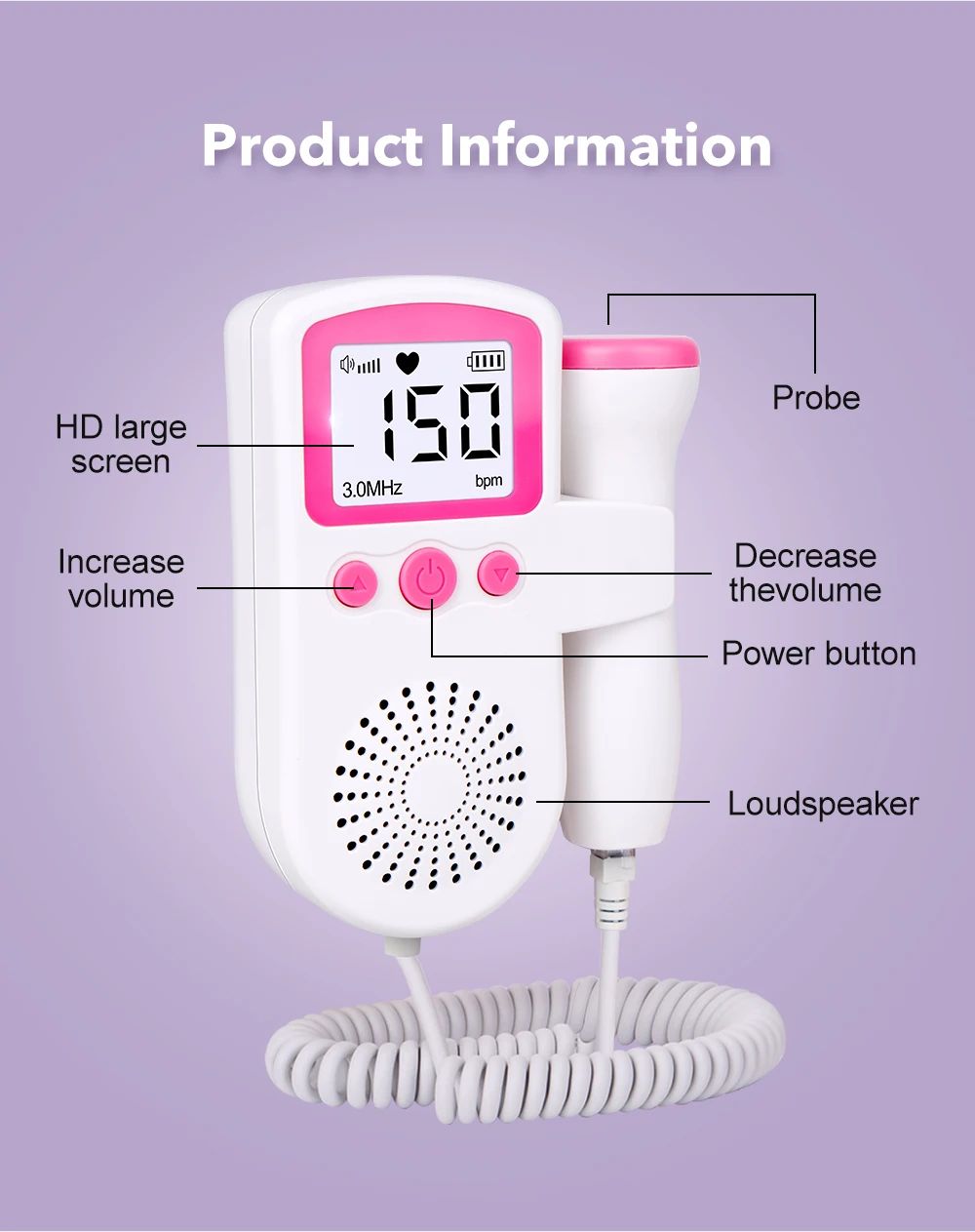 2.5MHz Ultrasound Doppler Fetal Portable Baby Monitor Pregnancy Women ...