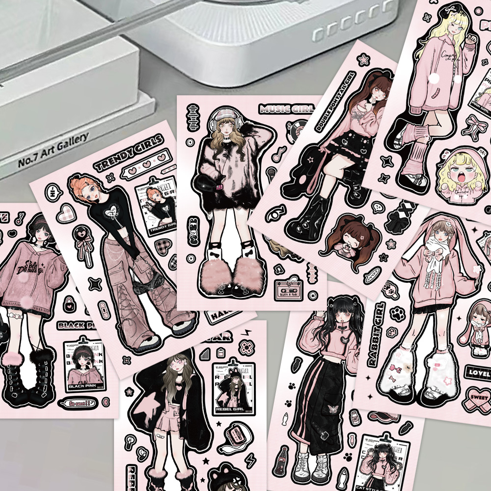 8pcs Y2K black powder girl puzzle stickers Korean ins style high value ...