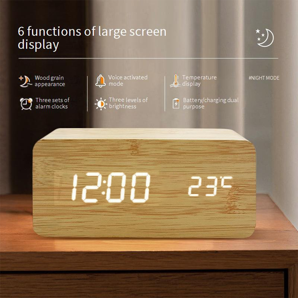 Digital wooden smart voice control alarm clock USB plug-in bedside ...