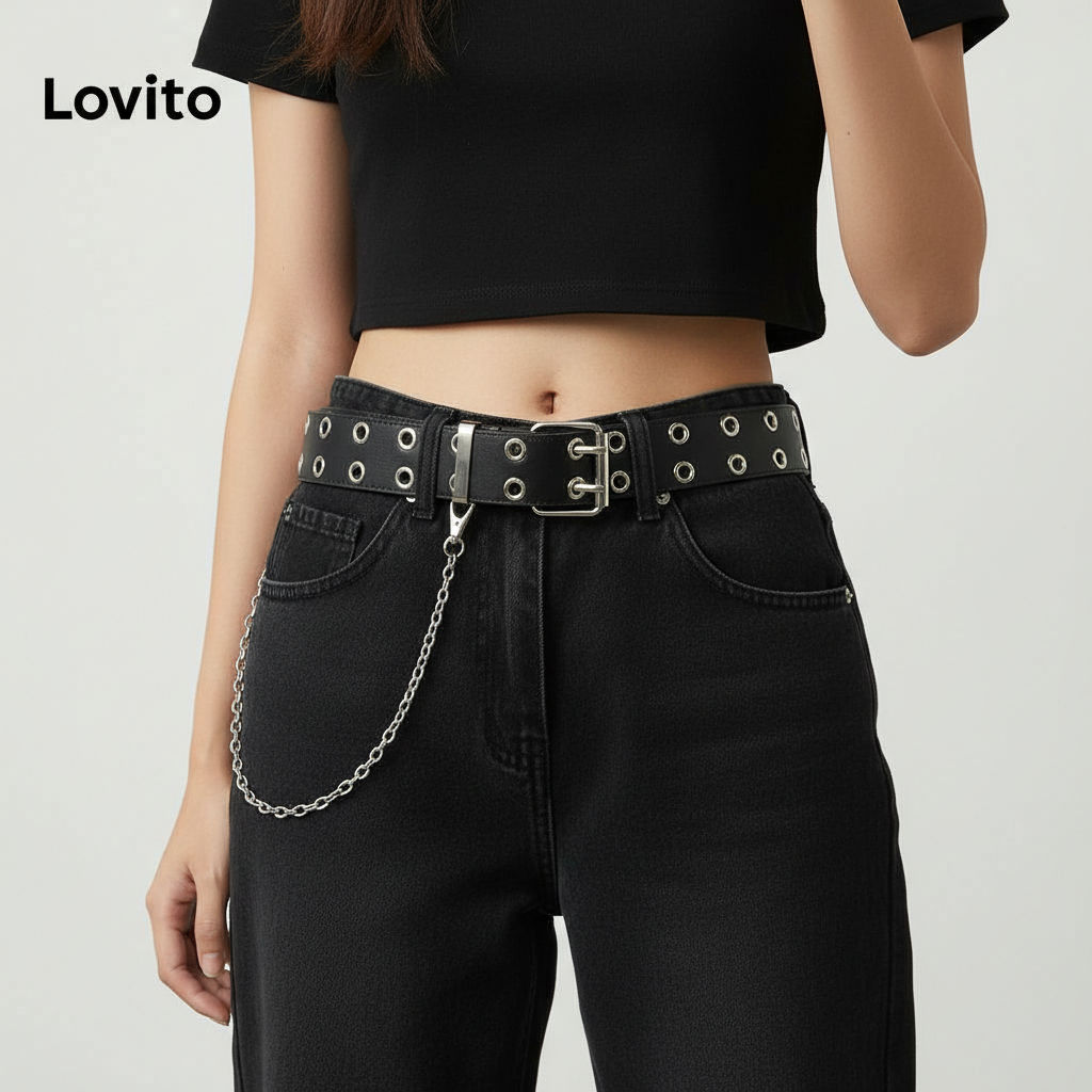 Lovito Sabuk Rantai Polos Y2K Kasual untuk Wanita L60AD093 (Hitam ...