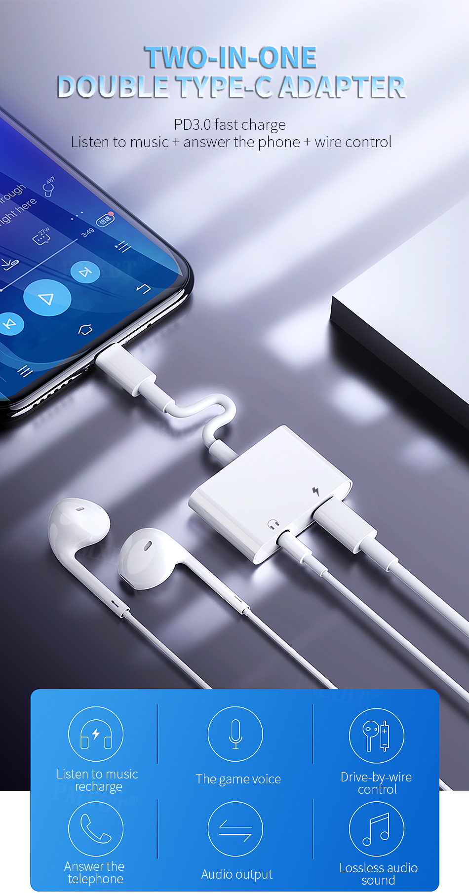 Audio Dual Adapter 2-in-1 for iOS Headphone USB-C To 3.5mm Type-C ...