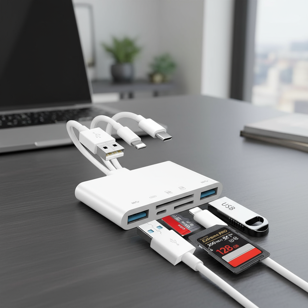 51 OTG USB,iPhone iPad USB C USB A Micro SD 5 dalam 1 OTG Penyesuai USB ...