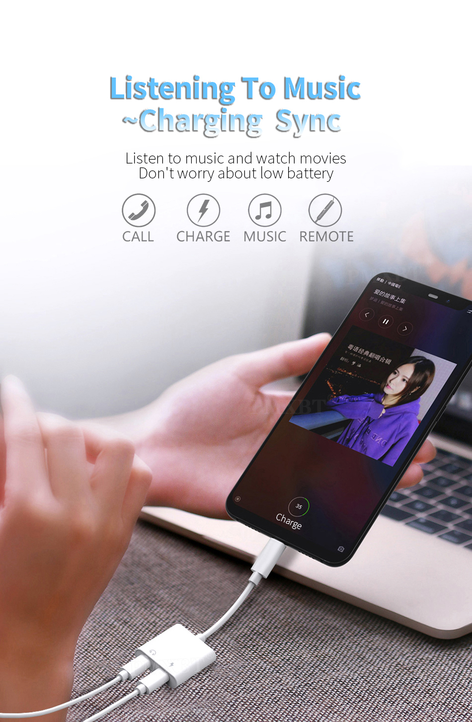 Audio Dual Adapter 2-in-1 for iOS Headphone USB-C To 3.5mm Type-C ...