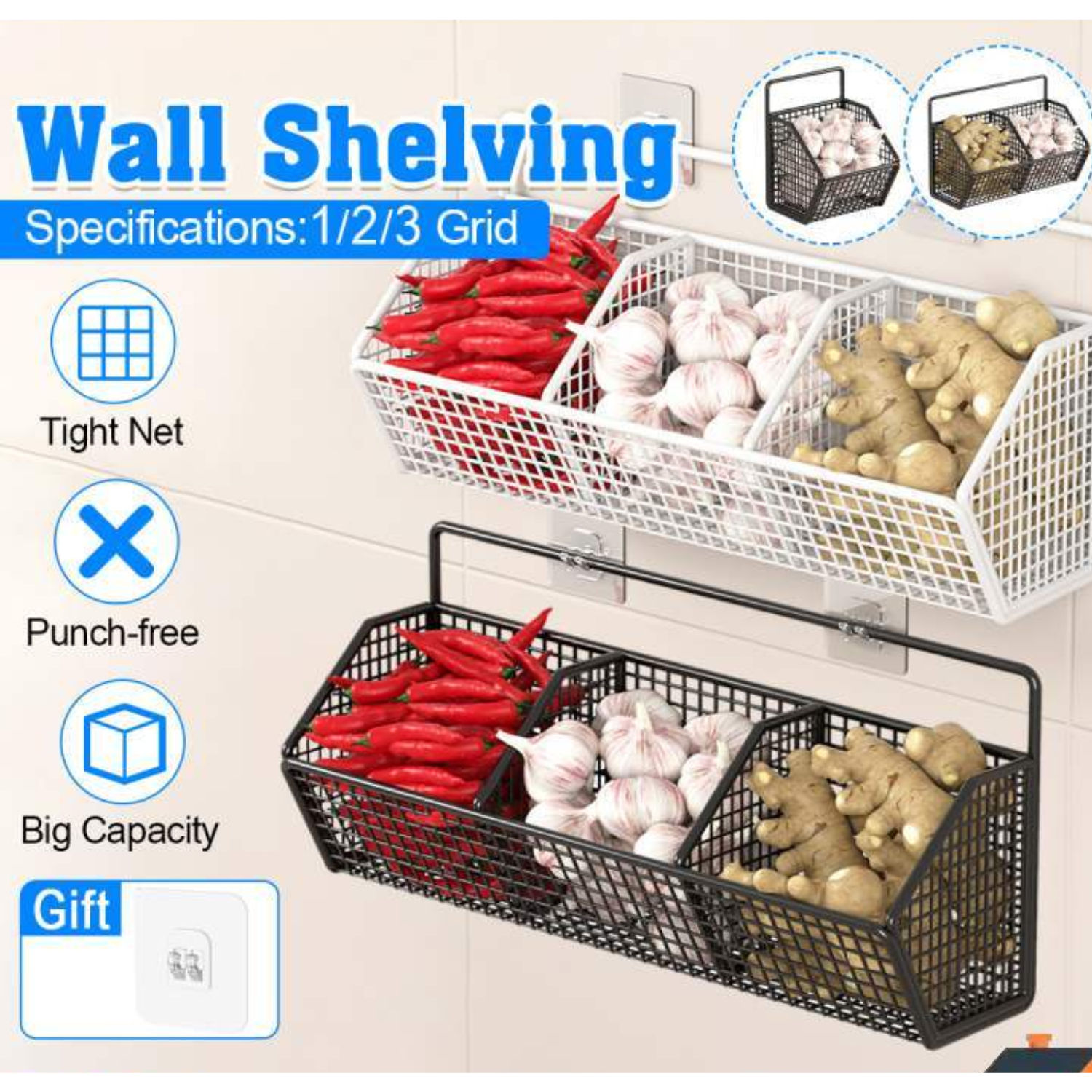 1/2/3 Grids Kitchen Wall Storage Rack | Onion Garlic Basket | Seasoning ...