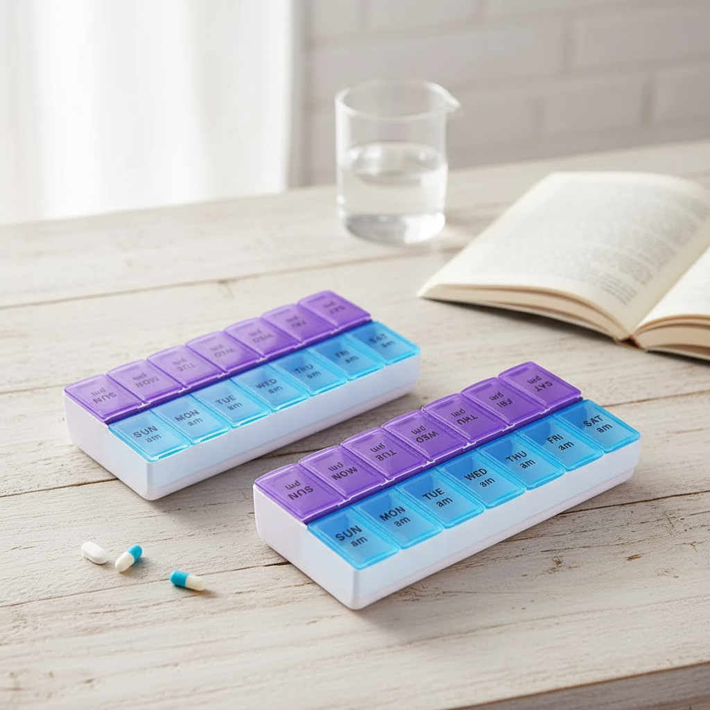 A dual-compartment pill box designed for organizing medication for ...