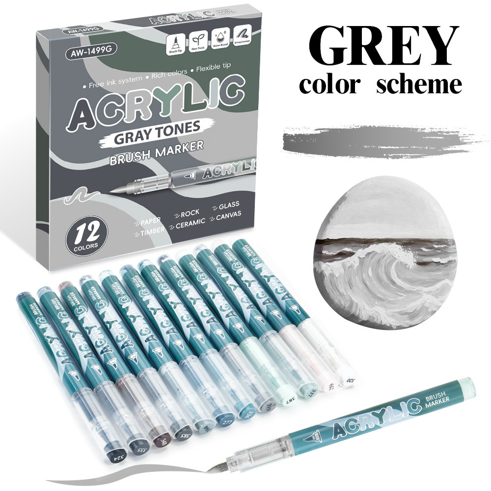 12 Color Gradient Gray Liquid Acrylic Marker - Straight Tip, Ideal for ...