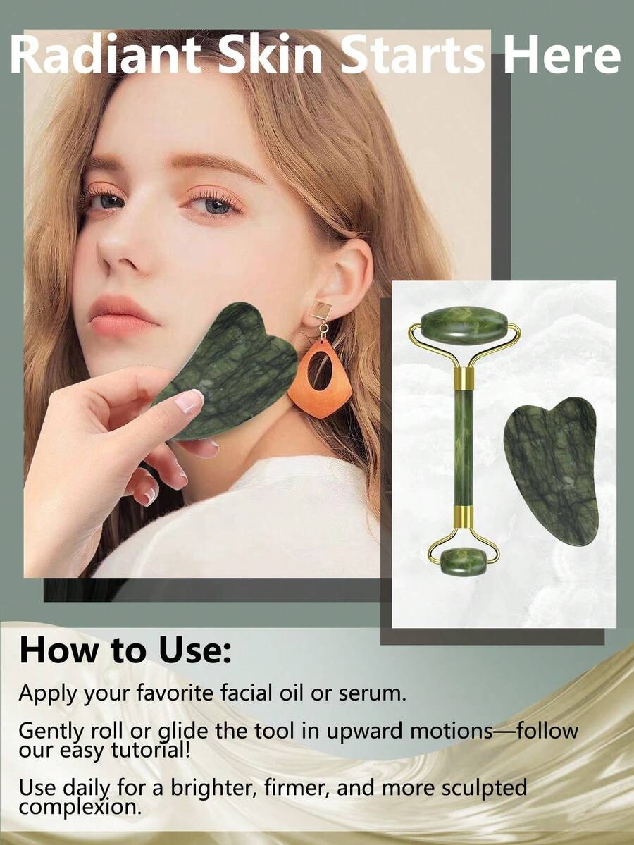 Jade Facial Massage Roller & Gua Sha Tool Kit – 2-Piece Stone Set for ...