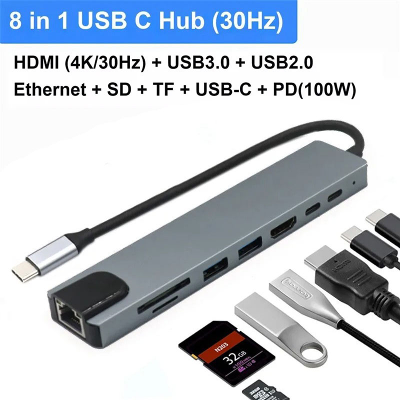 8-in-1 USB C Hub, 4K HDMI, RJ45 Ethernet, SD/TF Card Reader for PC ...