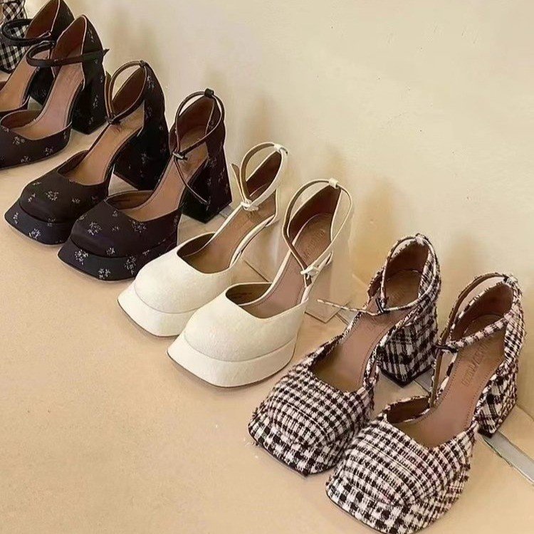 Round Toe High Heels Mary Jane Thick Heel Women's Shoes Flat Strap ...