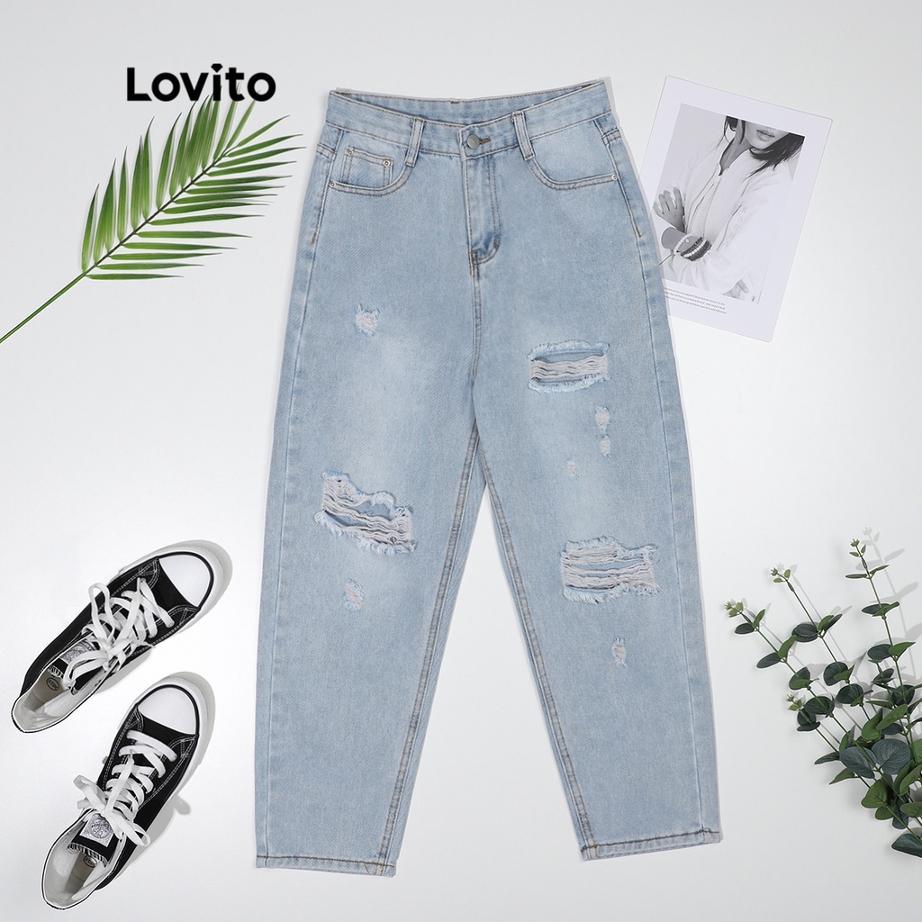 Lovito Casual Denim Basic Comfortable With Pocket Women Jeans L09072 (Light Blue/Royal Blue