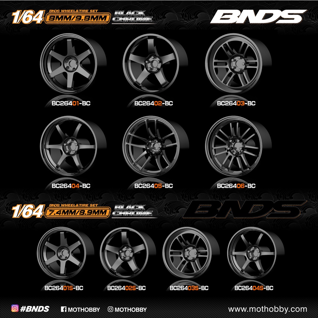 BNDS 1:64 ABS Wheels Black Chrome With Rubber Tires Assembly Rims ...