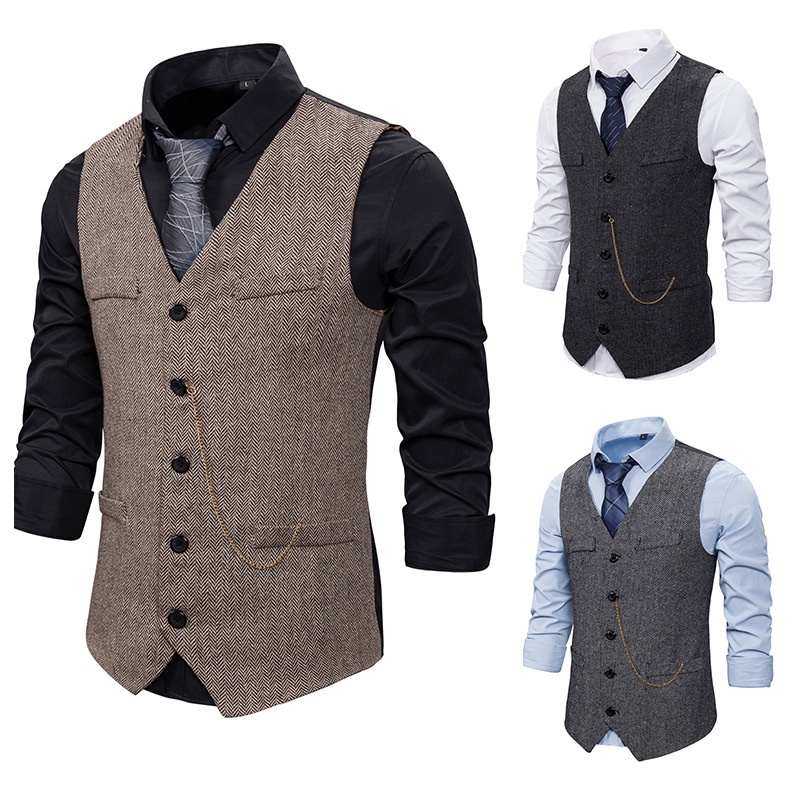 Formal Men's Suit Vest New Casual Chain Solid Color Business Tweed Vest