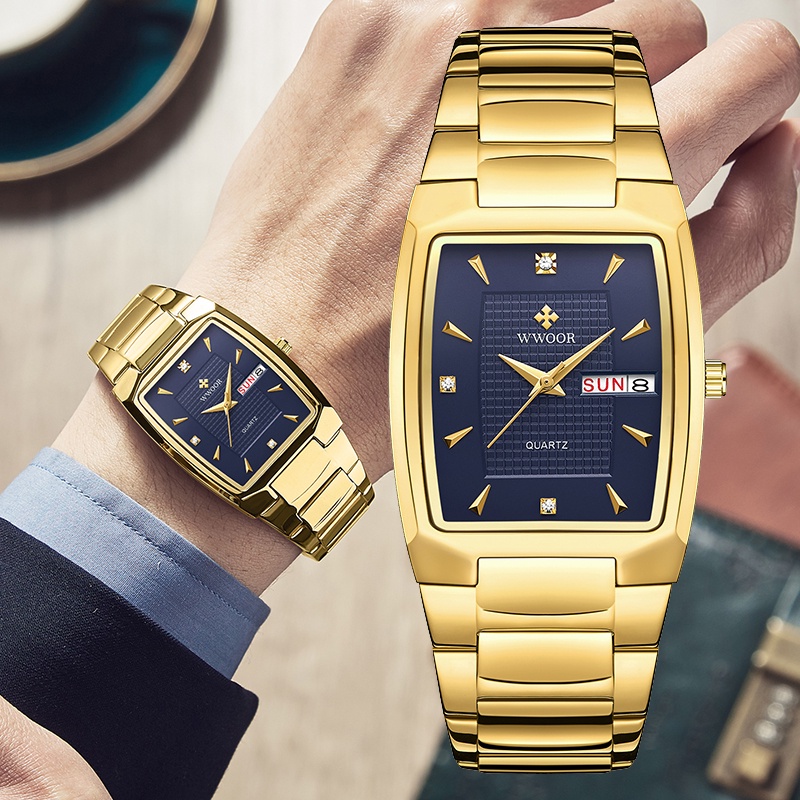 WWOOR Luxury Business Men Watches Gold Quartz Stainless Steel Sport ...
