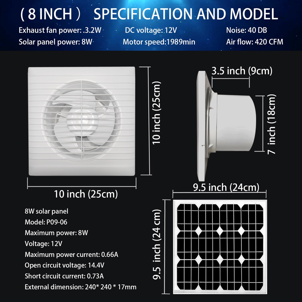 6W/8W waterproof solar panel+4/6/8-inch louver exhaust fan, solar ...