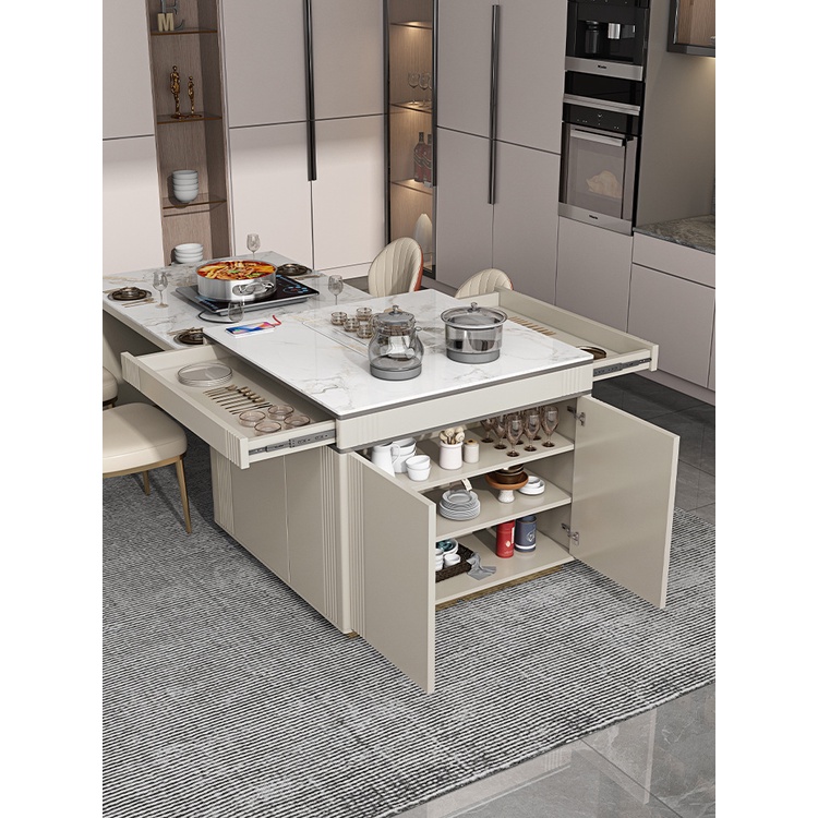 Rock slab island dining table integrated retractable dining chair ...