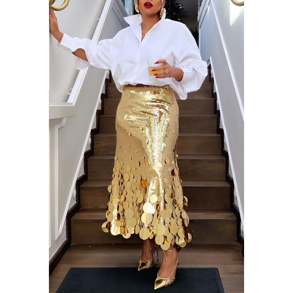 Women S plus size formal skirts elegant gold long sequin party club evening high waist female casual cocktail ski Shopee Malaysia