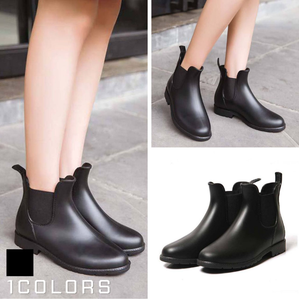 Fashion Rubber Boots Short Toe Rounded All Black | Shopee Malaysia